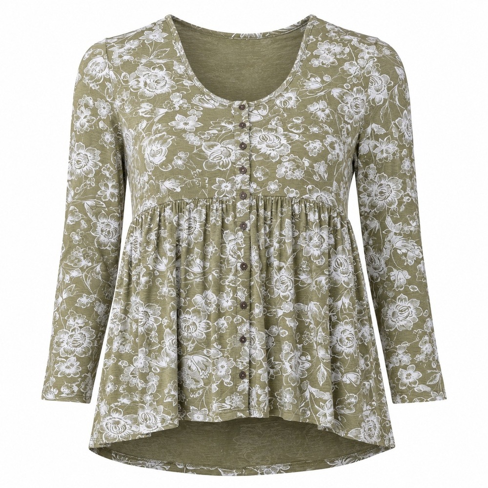 Wonderly Babydoll Top Women 3X Green Floral Button Front V-Neck 3/4 Sleeve